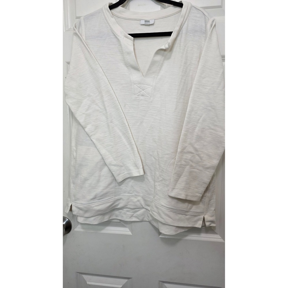 J.Jill‎ Tunic Top Womens Medium Petite Ivory Slub Knit Split V-Neck Pockets
